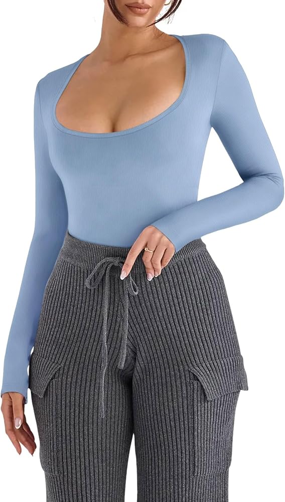 REORIA Women’s Sexy Deep Scoop Neck Long Sleeve Bodysuit Slimming Ribbed Going Out T Shirt Tops