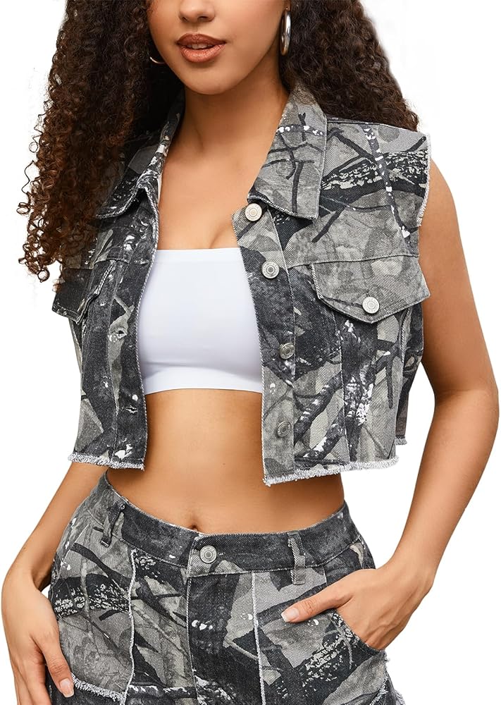 Women's Cropped Jacket, Camo Casual Distressed Denim Vest Sleeveless Crop Top Jean Jacket for Lady