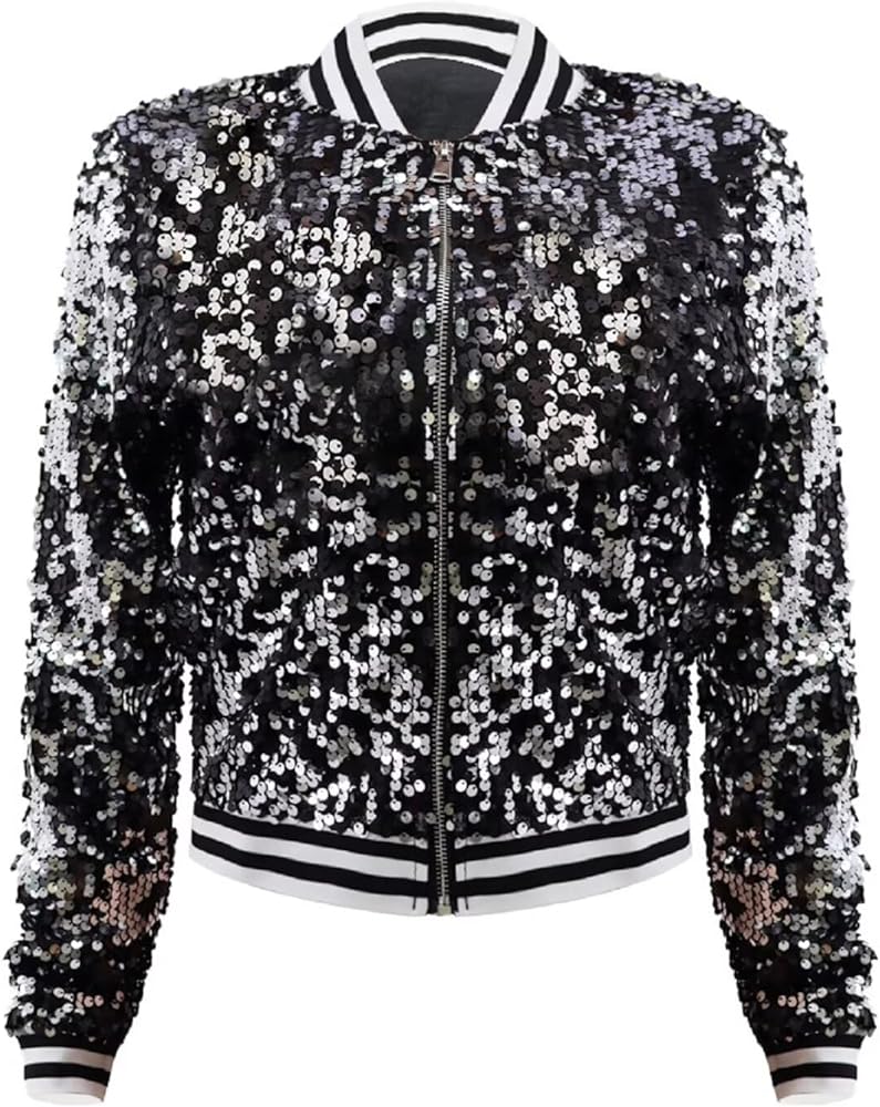 Women's Sequin Sparkly Jacket Fitted Shiny Long Sleeve Zipper Blazer Bomber Jackets Casual Party Outwear