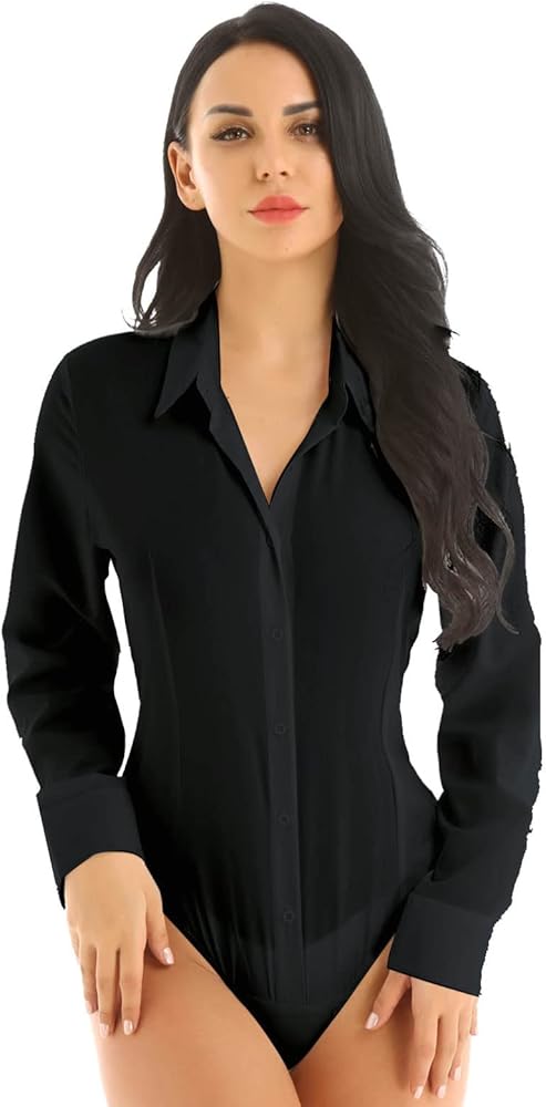 iiniim Womens One-Piece Turn-Down Collar Long Sleeve Button Down Shirts Bodysuit Career Top Blouse Work Shirt