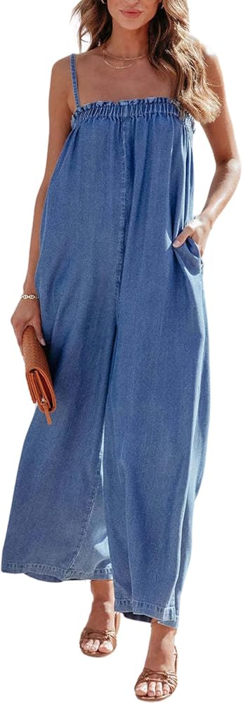 Women's Summer Denim Wide Leg Jumpsuits Sleeveless Spaghetti Strap Casual Loose Baggy Overalls Romper