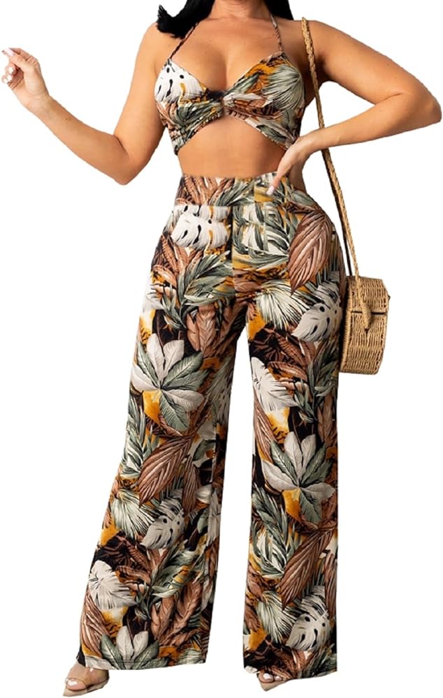 CuteCherry Tropical Two Piece Outfit women Sexy Wide Leg Jumpsuit Floral Brown Spaghetti Strap Top Long Pants Beach Sets