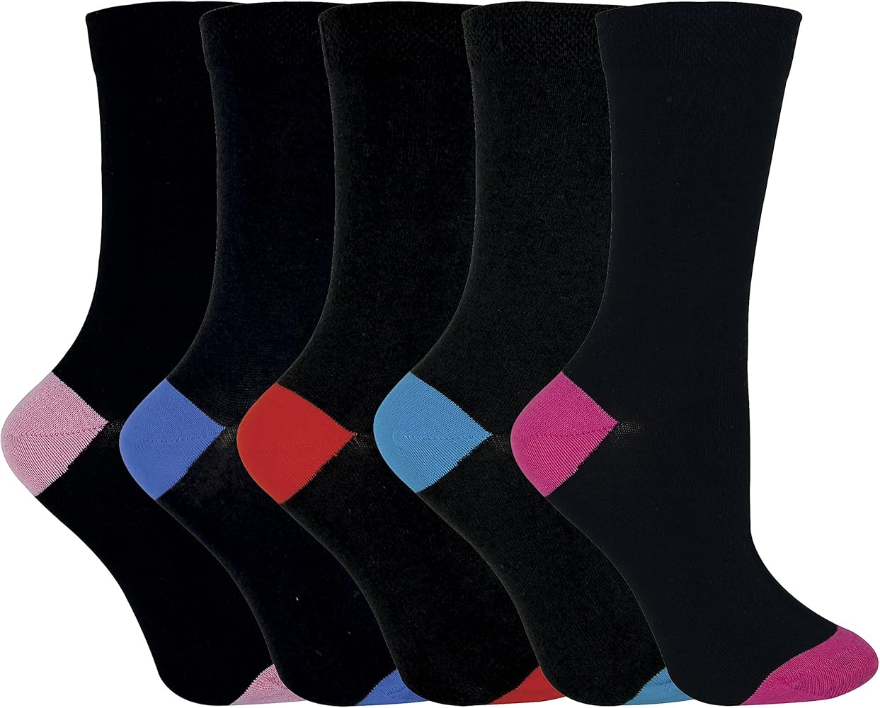 5 Pack Womens Casual Black Colored Heel and Toe Black Cotton Crew Dress Socks