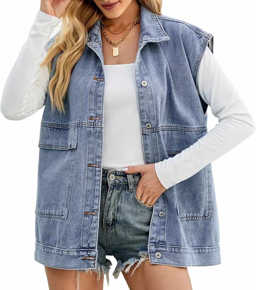 Women's Denim Retro Denim Top Oversized Sleeveless Button Denim Jacket