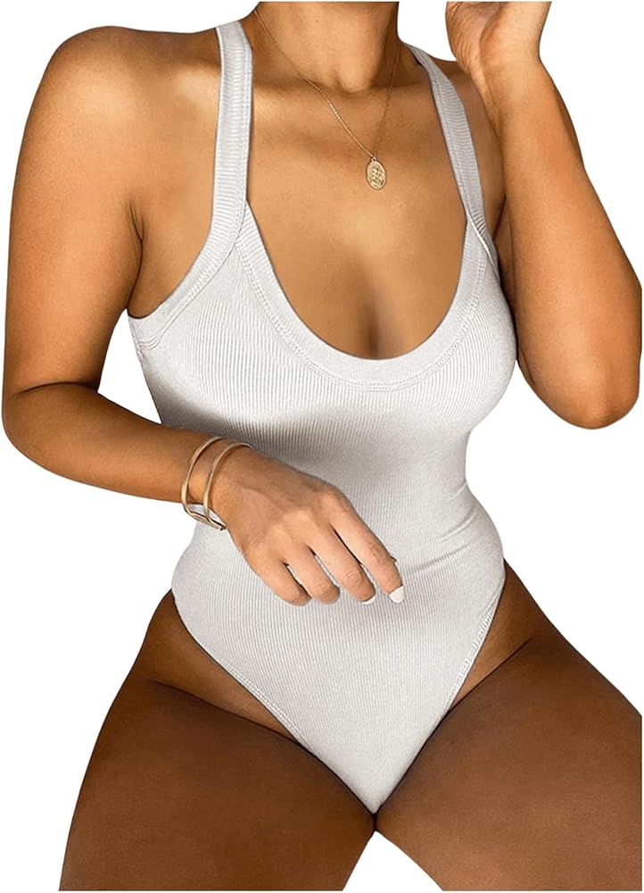 MakeMeChic Women's Scoop Neck Sleeveless Leotard Backless Slim Fitted Basic Cami Bodysuit Top