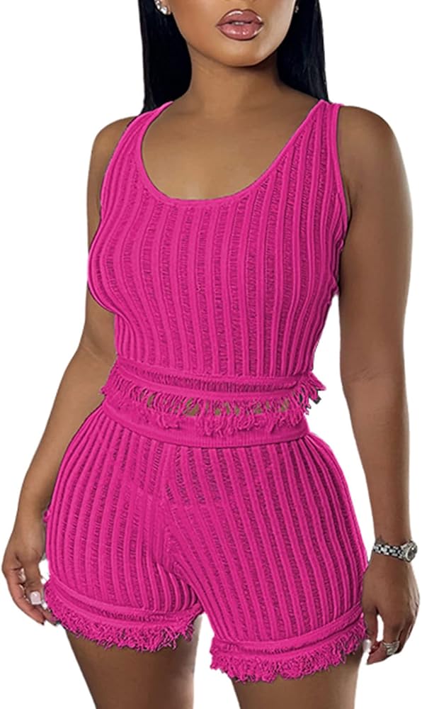 KANSOON Short Sets Women 2 Piece Outfits Knit Crochet Tassels Sleeveless Crop Tank Top and Shorts Bodycon Sexy Tracksuit