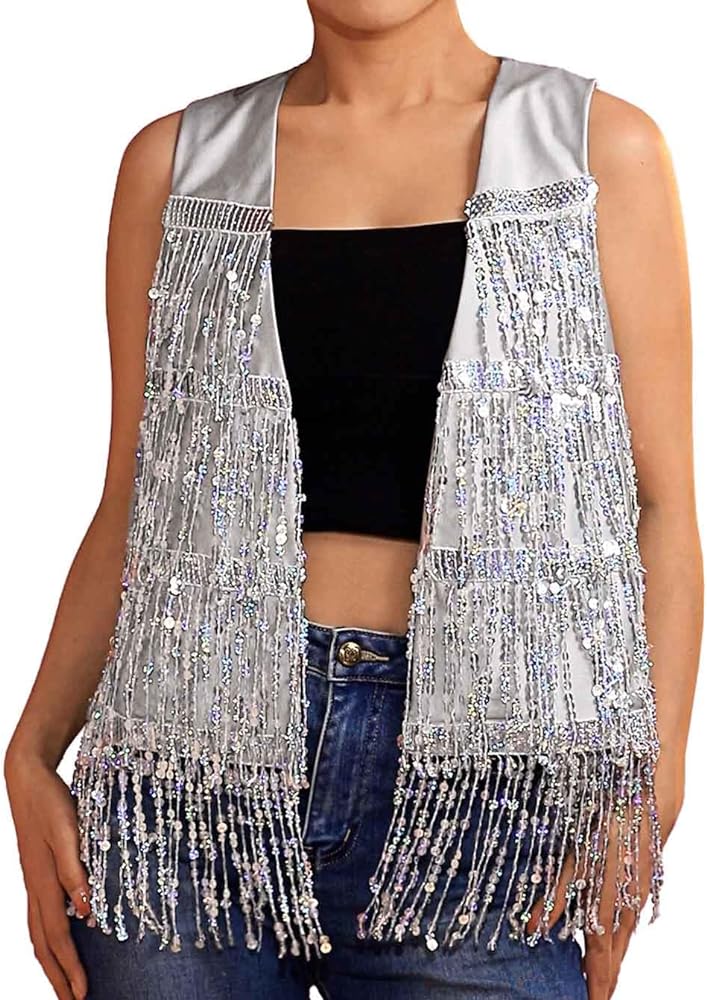 Edary Sequin Fringe Sleeveless Vest Sparkly Tassel Open Front Waistcoat Jackets Night Club Disco Vests Coat for Women