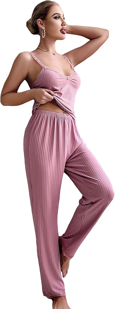 WDIRARA Women's Lace Strap Tie Backless Cami Top and Pants Sexy Pajama Set Sleepwear