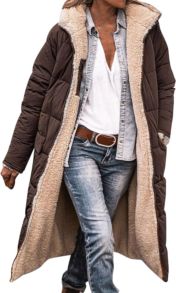 Women's Long Winter Down Coat Faux Fur Thicken Fleece Lined Parka Plus Size Warm Puffer Jacket Outerwear with Pockets