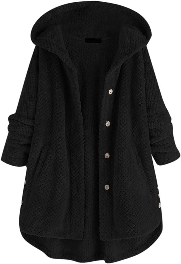 Women's Winter Sweater Coat Plus Size Warm Soft Fleece Jackets Cute Button Patchwork Hooded Fuzzy Windbreaker Overcoat