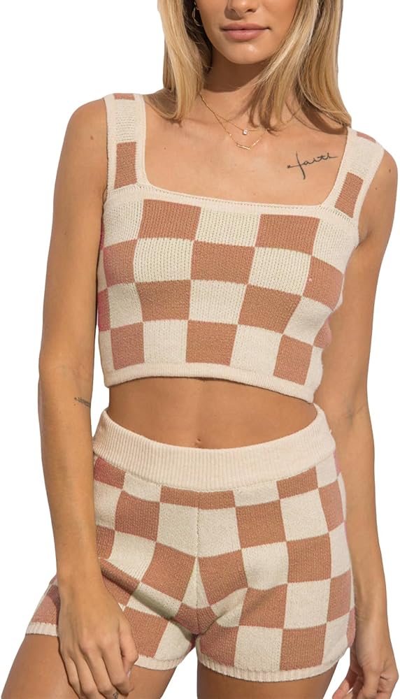 Women 's Y2K Two Piece Summer Outfits Sleeveless Checkerboard Knit Tank Tops and Shorts Set Loungewear