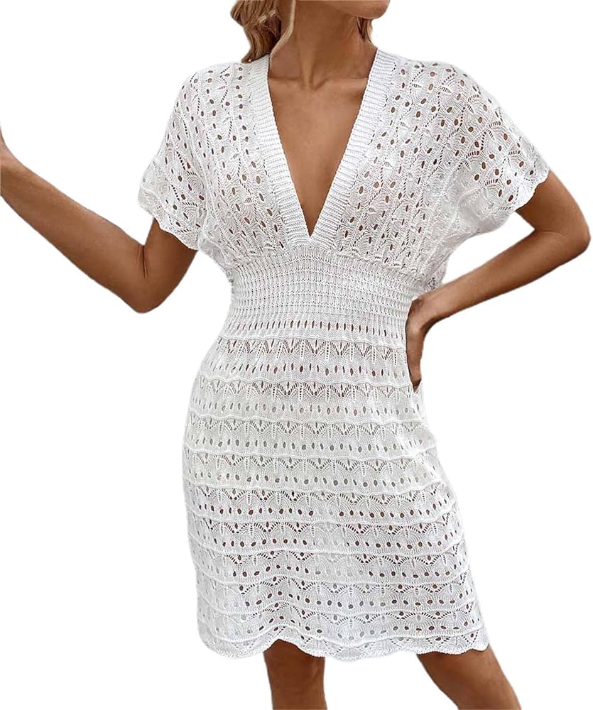 Women Summer Beach Cover Ups Swimsuit Crochet Swimwear Bathing Suit Knit Hollow Out Long Sleeve Pullover Beach Dress