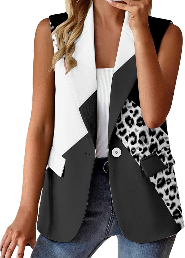 Womens Colorblock Suit Vest Printed Sleeveless Blazers 2023 Open Front Outerwear Suit Vest Button Lapel Casual Jackets