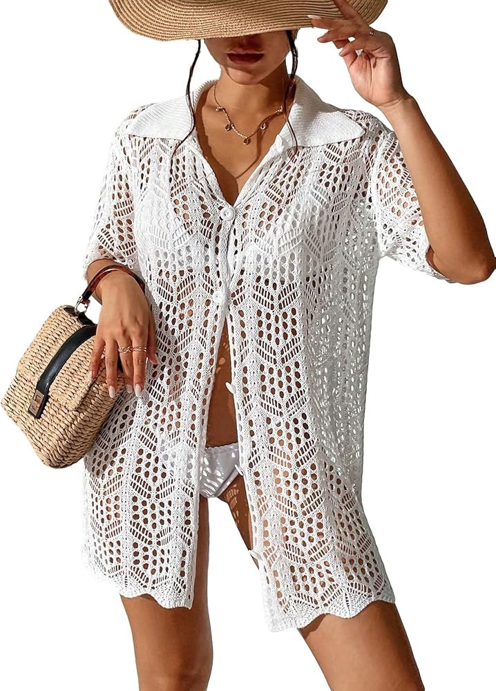 SOLY HUX Women's Button Down Hollow Out Crochet Swimsuits Cover Ups Kimono Short Sleeve Sheer Beach Cover Up