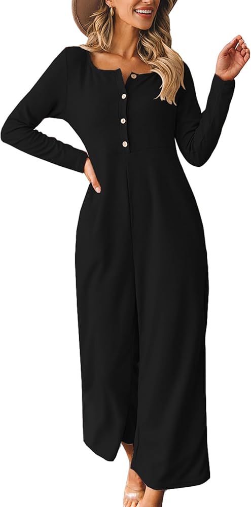 Happy Sailed Womens Long Sleeve Waffle Knit Jumpsuits Front Button Wide Leg Long Pants Romper Overalls with Pockets