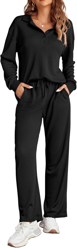 Ekouaer Waffle Knit Pajamas Set for Women 2 Piece Outfits Long Sleeve Button Top and Wide Leg Pant with Pockets Loungewear