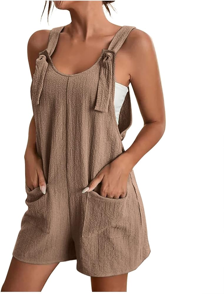 Lastesso Women's Casual Rompers Summer Scoop Neck Jumpsuits with Front Pockets Sleeveless Adjustable Strap Short Bib Overalls