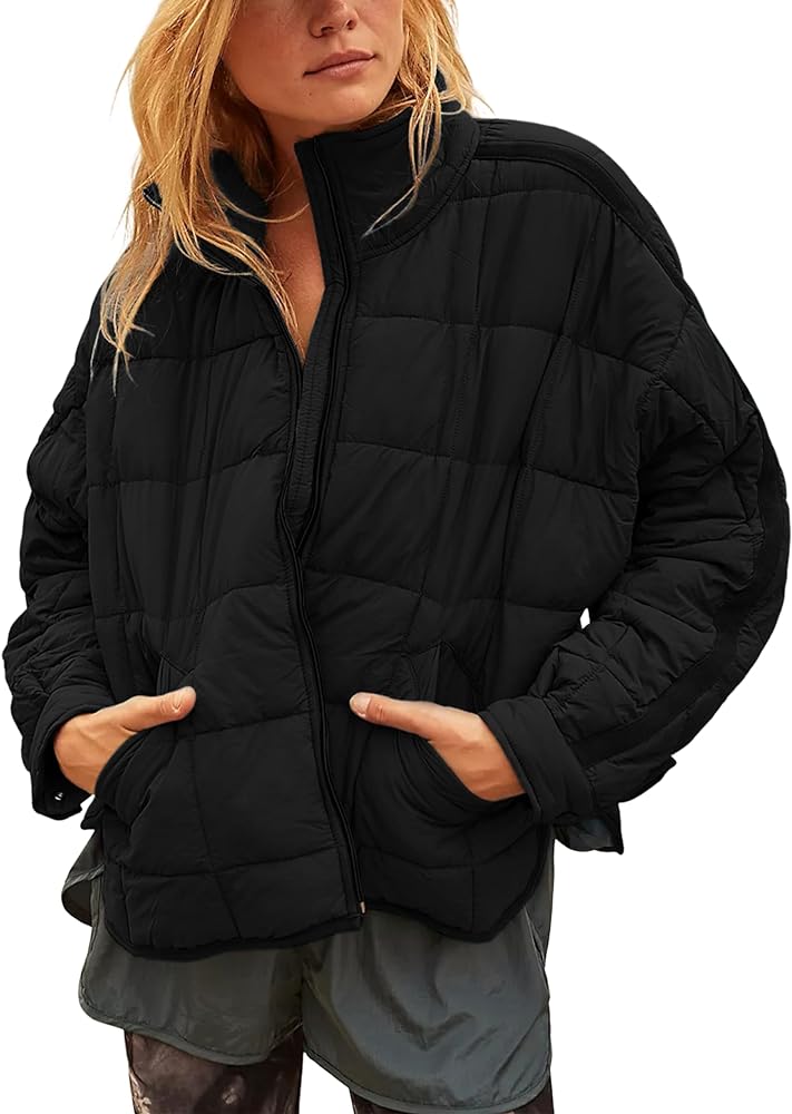 Quilted Puffer Jacket Women Lightweight Short Zip Up Padded Coat with Pockets