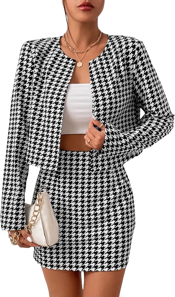 WDIRARA Women's 2 Piece Outfits Houndstoot Open Front Crop Jacket and Pencil Mini Skirt Set