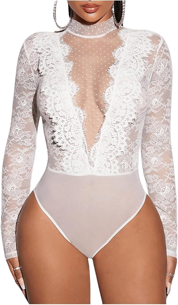 Women's Floral Lace Sheer Mesh Bodysuit Mock Neck Long Sleeve Leotard Top