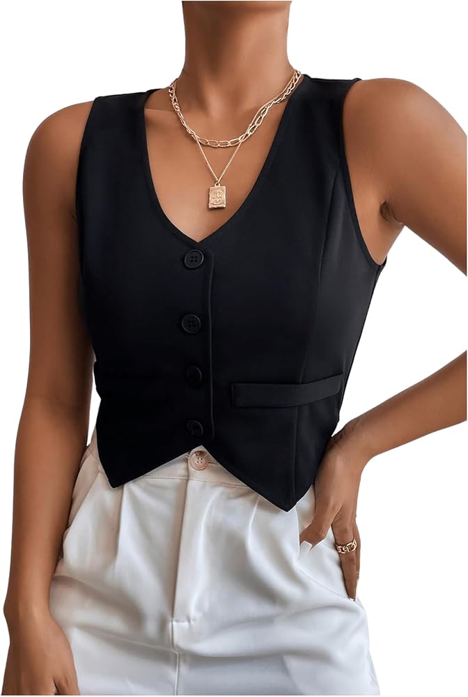 GORGLITTER Women's Elegant Sleeveless Blazers Vest Button Front Crop Waistcoat Vest V Neck Jacket Top