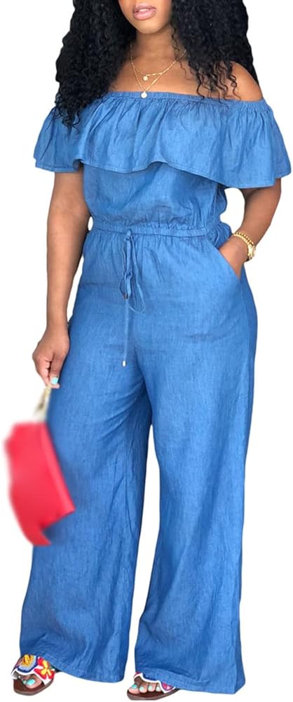 Sexyshine Women's Halter Lace Up Backless Casual Wide Leg Blue Denim Long Jumpsuit Playsuit Rompers With Belt