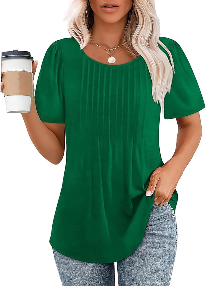 Summer Tops for Women 2024 Casual Scooped Neck Short Sleeve V Neck Chiffon Blouse Tshirts Trendy Pleated Tunic