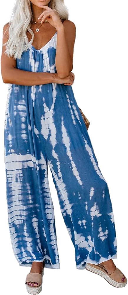 HVEPUO Spaghetti Strap Bohemian Summer Jumpsuits for Women Tie Dye Pant Rompers Casual Loose Plus Size Jumpers with Pockets