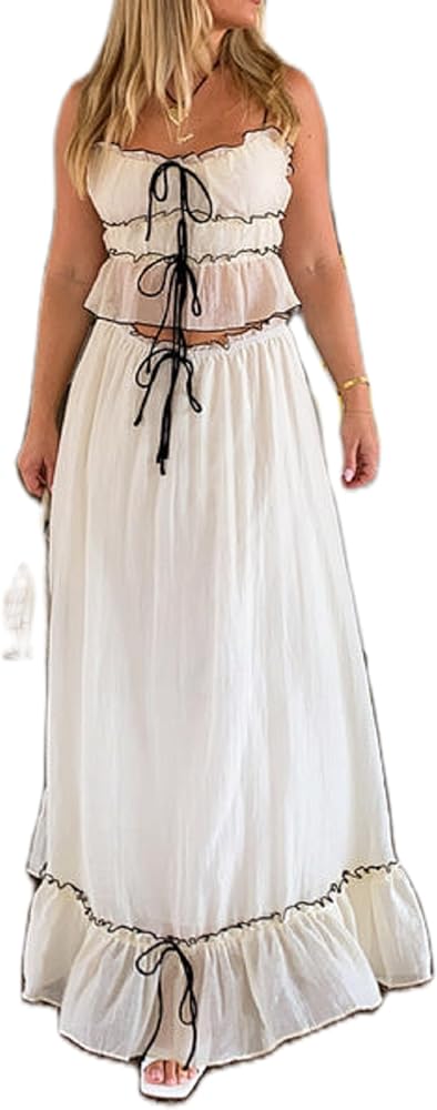 UAURORAO Women 2 Piece Ruffle Maxi Skirt Set Sleeveless Tie Up Smocked Crop Tank Top Tiered Flowy Long Skirt Y2k Outfits