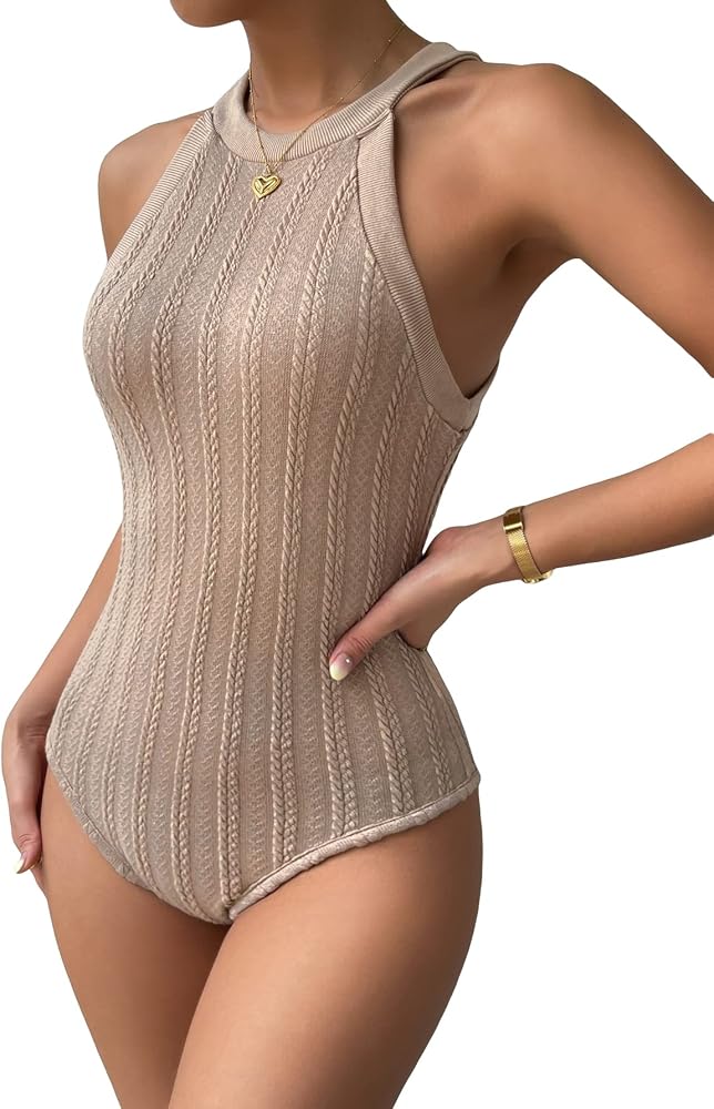 WDIRARA Women's Halter Neck Sleeveless Knit Skinny Tank Bodysuit Casual Top