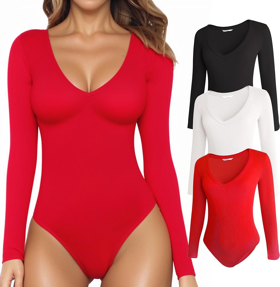 MANGOPOP Womens Bodysuit Deep V Neck Long Sleeve Tops