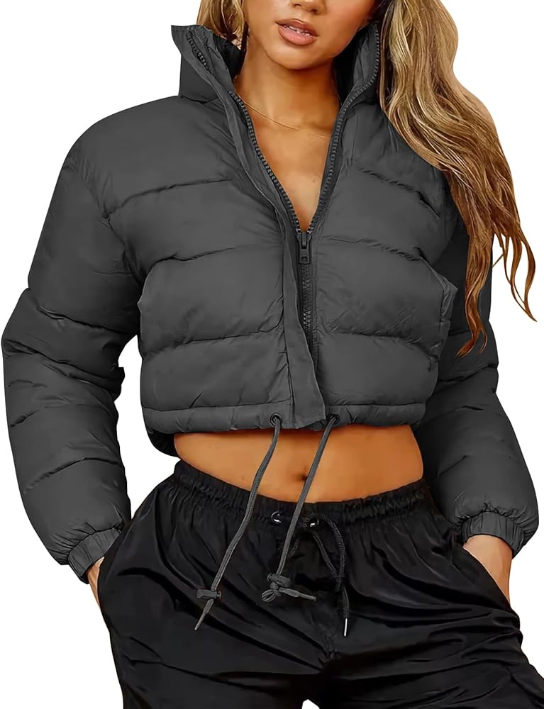 Flygo Women Cropped Puffer Jacket Winter Long Sleeve Quilted Puffy Bubble Padded Short Coats with Drawstring