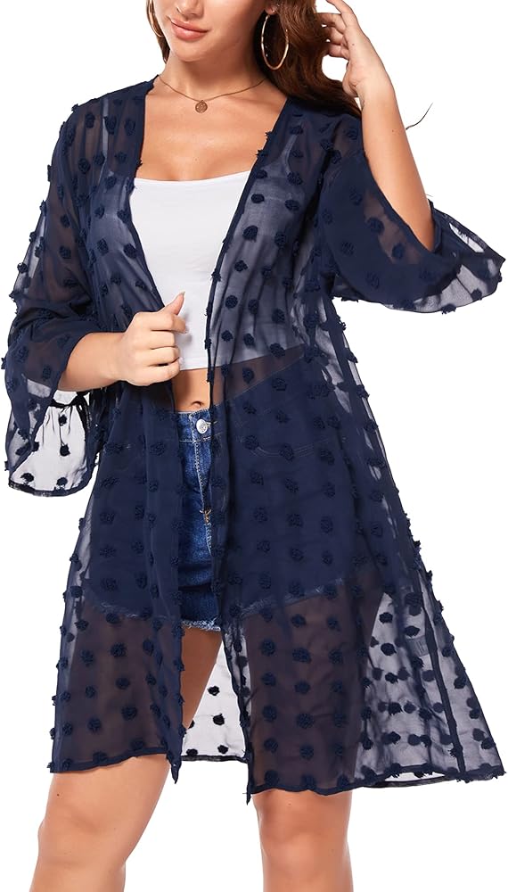 ELESOL Women's Swimsuit Coverup Sheer Kimono Cardigan Summer Lightweight 3/4 Sleeve Bathing Suit Cover Ups S-3XL