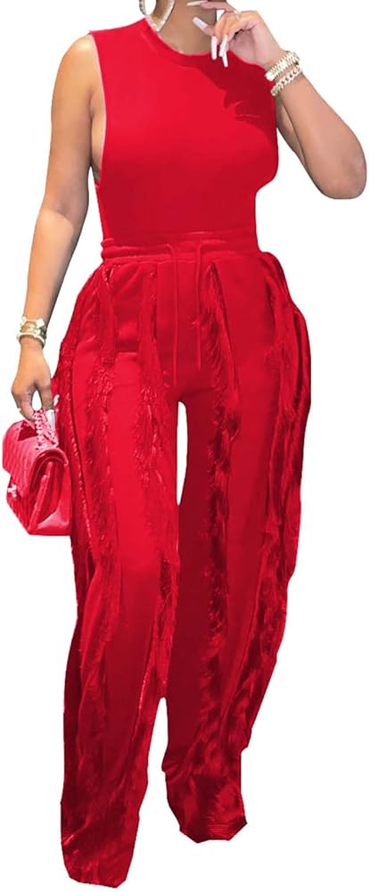 WOKANSE Women's Casual Tassels 2 Piece Outfits Bodycon Round Neck Long Sleeve Tank Top High Waist Fringe Long Pants Set