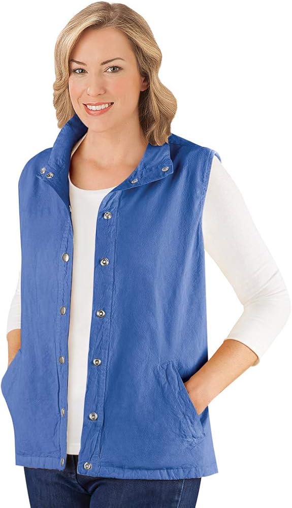 Collections Etc Snap Front and Cinch Back Sleeveless Vest with Front Slant Pockets - Flattering Layering Piece for Outfit