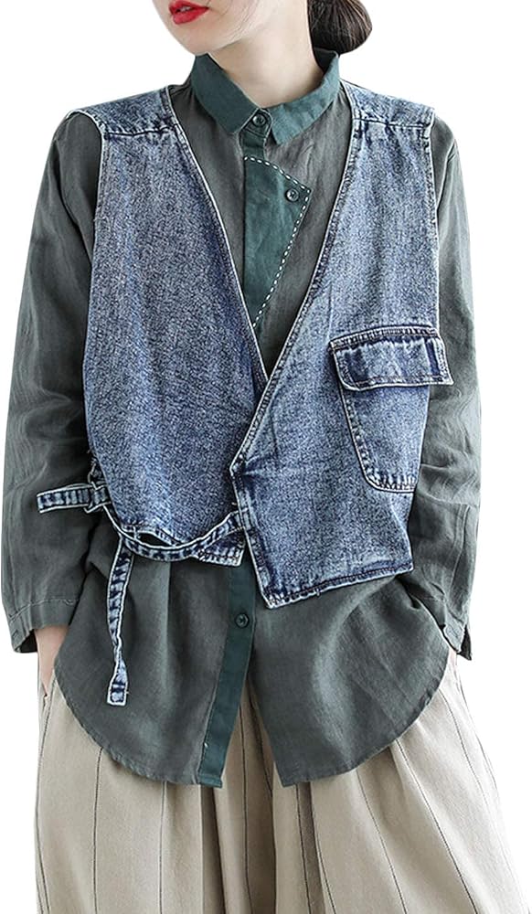 Flygo Women's Vintage Crop Irregular Wrap Denim Vest Sleeveless Jacket with Flap Pocket