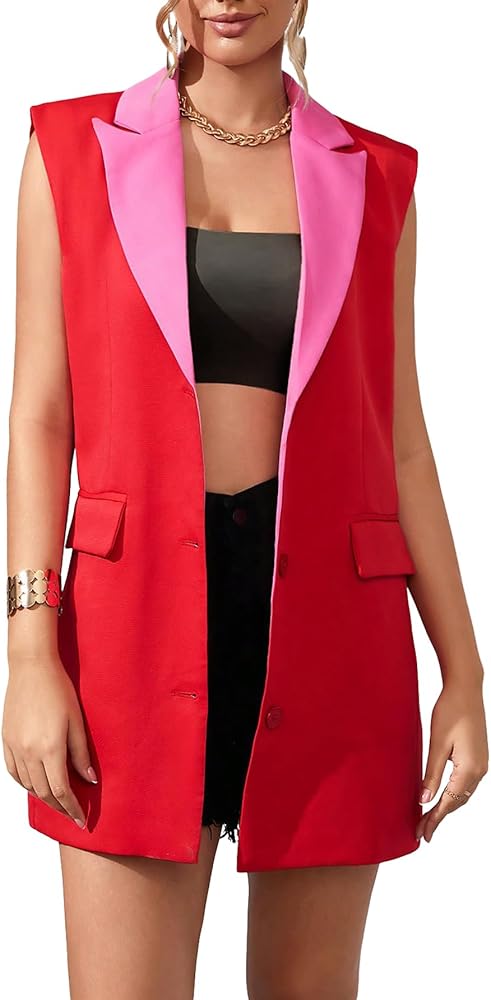 WDIRARA Women's Colorblock Flap Pocket Vest Blazer Sleeveless Button Up Lapel Elegant Jacket