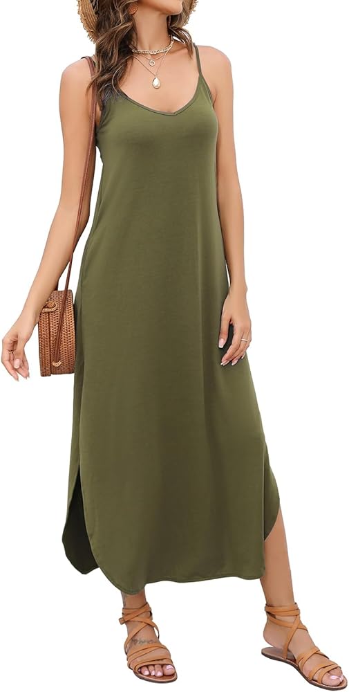 Women's Summer 2024 Maxi Sleeveless Dresses Casual Loose Pockets Strappy Split Beach Long Cami Slip Dress