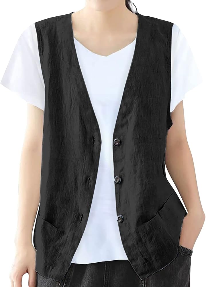 Linen Vest Women,2023 Casual Sleeveless Solid Cotton Gauze Shirt Summer Top Button Down V Neck Waistcoat Jacket