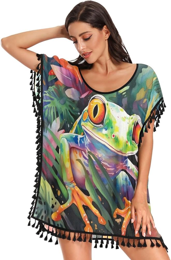 Frog Colorful Flower Swimsuit Coverup for Women Short Sleeve Beach Swim Cover Ups for Cupshe Coverups for Women,S