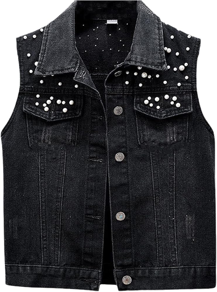 Women's Pearl Beaded Sleeveless Denim Vest Summer Slim Jeans Coat Short Denim Jacket