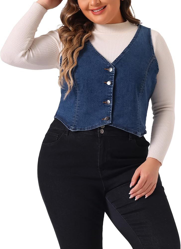 Agnes Orinda Plus Size Denim Vest for Women Sleeveless V Neck Button Down Casual Jean Waistcoat Jacket