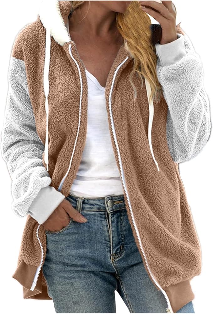 Women's Winter Coats Casual Solid Color Loose Plush Zippered Hooded Jacket With Pockets Girls Coats, S-5XL