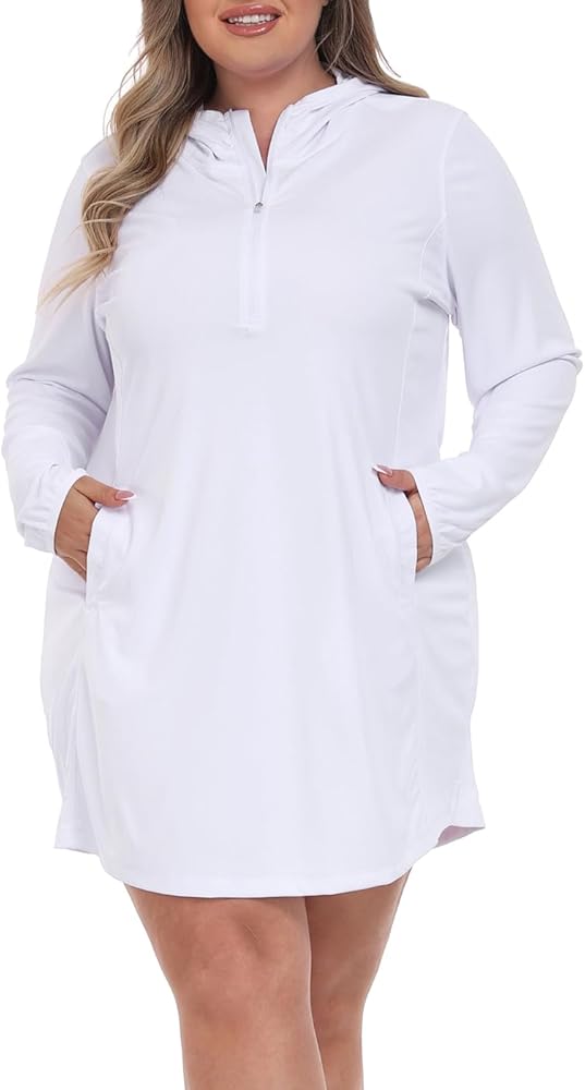 HDE Women's Plus Size Swim Coverup Dress with Hood UPF 50 Long Sleeve Cover Up