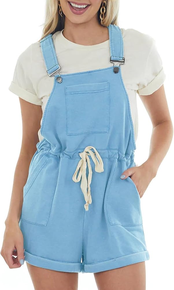 Women's Short Overalls Casual Shortalls Bib Jumpsuits Drawstring Sleeveless Romper