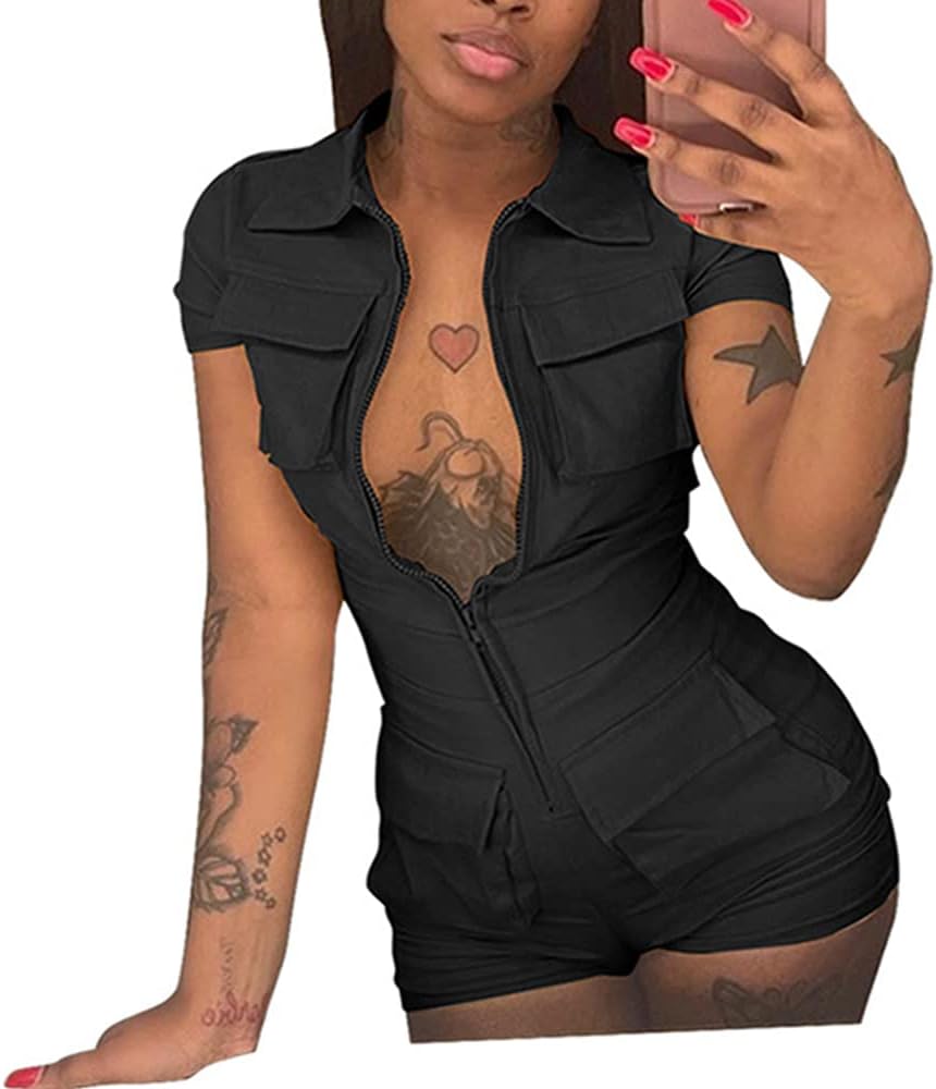 Women Sexy Zip up Jumpsuits Lapel Neck Short Sleeve Bodycon Shorts Romper with Pockets