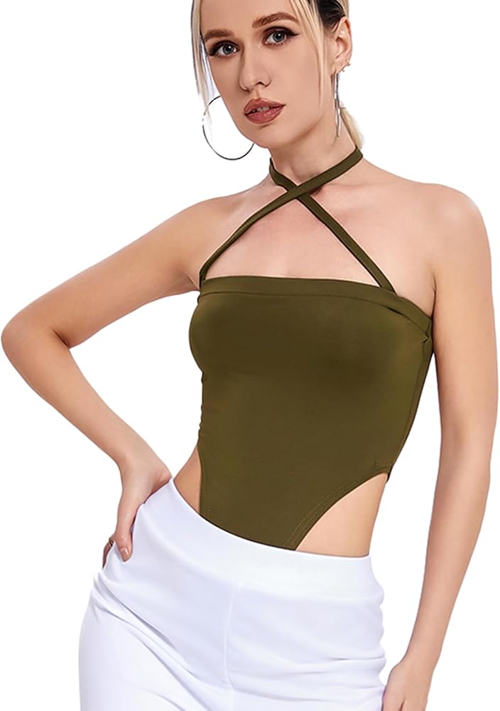 Women's Sexy Halter Neck Backless High Cut Slim Fit Bodysuit Clubwear Tops