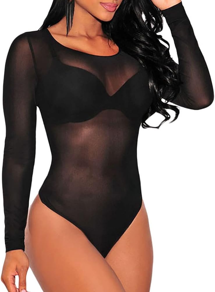 Eiffel Women's Long Sleeves Stretchy Sheer Mesh Leotard Bodysuit Jumpsuit Tops Black