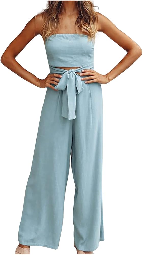 Women Strapless Linen Jumpsuits 2024 Summer Criss Cross Tie Front Sexy Cutout Tube Top Wide Leg Pants Dressy Rompers