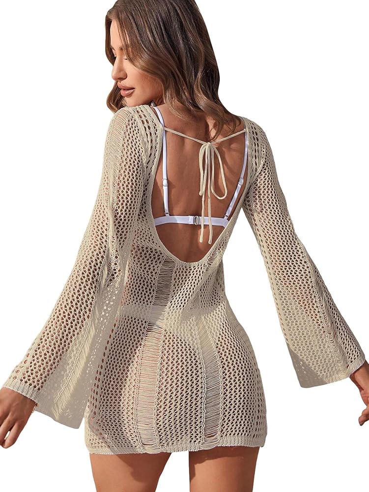 MakeMeChic Women's See Through Beach Swimsuit Cover Up Hollow Out Tie Back Long Sleeve Cover Up Dress